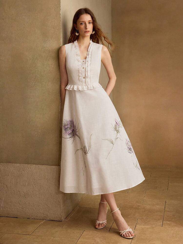 WOMEN'S RUFFLE COLLAR PRINTED MID-LENGTH DRESS