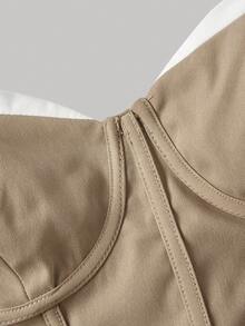 Skyraze Women's Khaki Contrast Trim Cami Crop Top And Ruffle Mini Skirt Set White Summer Cottage Core Romantic Elegant Vacation Corset Bustier Date - Khaki - View 3