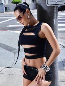 Denimoi Áo denim gợi cảm với phần khoét phía trước, trang phục đường phố thời trang, áo sexy cho buổi hòa nhạc. - Rửa tối - Xem 4