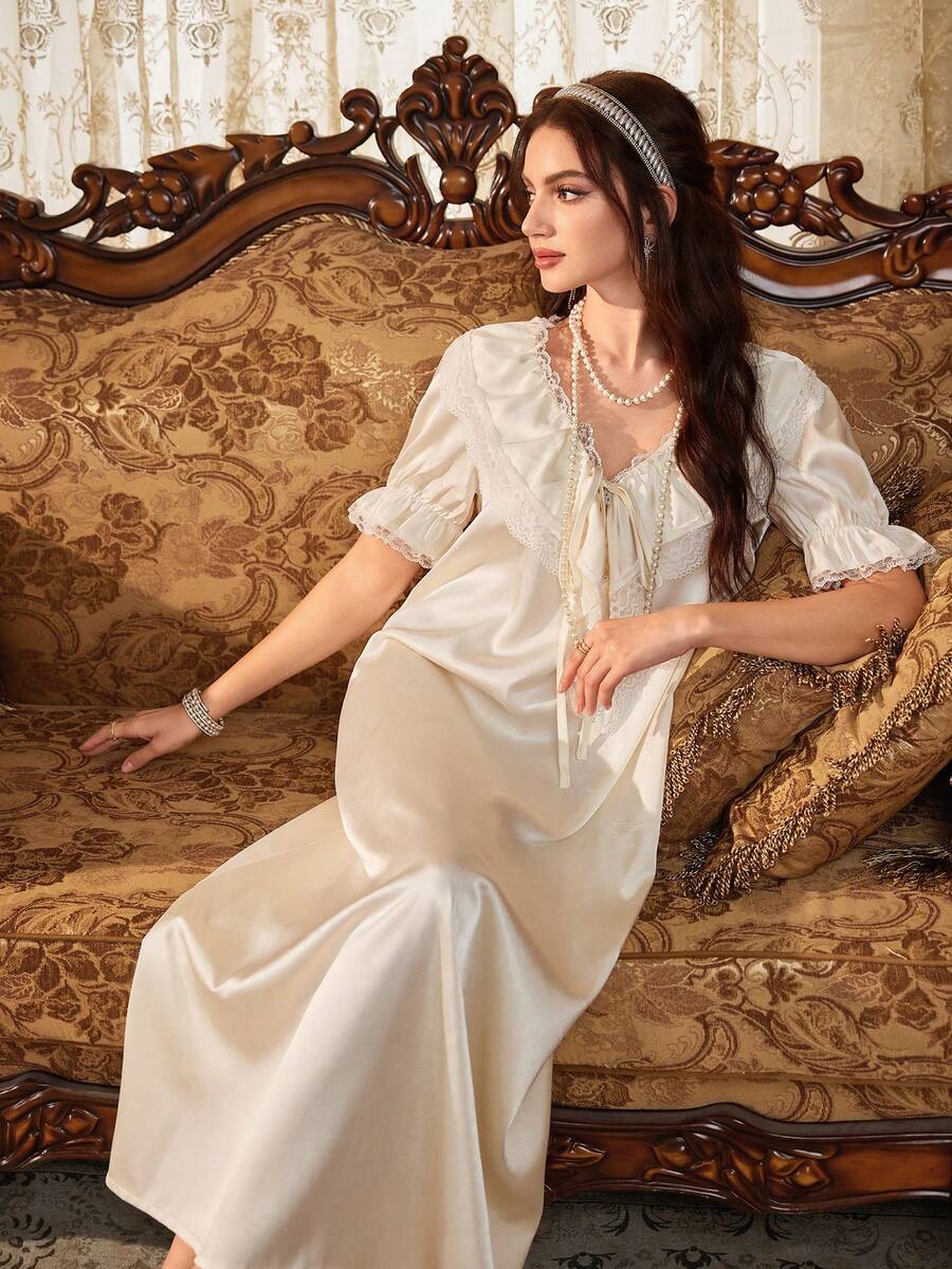 PalaceNights Camisón de mujer con adorno de encaje color albaricoque, diseño de cuello en V con volantes, manga abullonada y suelto de largo - Albaricoque - Ver 1