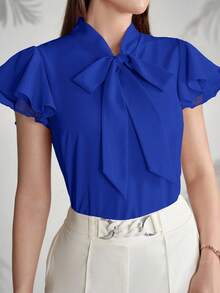 Modelyn Blus Wanita Warna Polos dengan Kerah Ikat dan Lengan Berumbai, Elegan dan Modis, Warna Biru - Biru - View 5