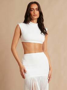 Silquee Bộ áo croptop cổ cao không tay và chân váy ngắn tua rua dành cho nữ, thích hợp cho tiệc tùng, hẹn hò, biểu diễn và các dịp khác, mùa xuân/hè. - trắng - Xem 6