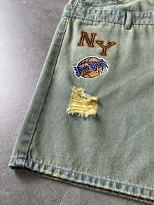 ROMWE MEN Prep Men's Vintage Washed Faded Denim Shorts - Bronze - View 7