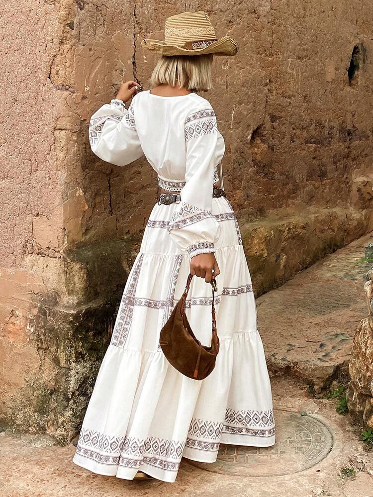 Print Short Sleeve Pullover Shirt & Long Skirt/Skirt Bohemian Casual 2-Piece Set For Women, Summer
