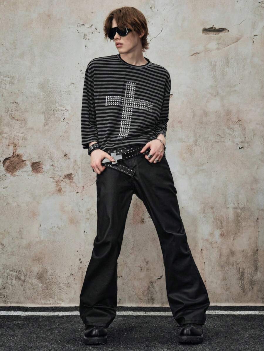 ROMWE MEN Street Life Áo thun nam tay loe 7/8 kẻ sọc phối vá - Nhiều màu - Xem 1