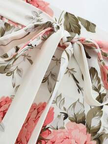 Elenzga 优雅通勤印花阔腿裤，饰有蝴蝶结细节，女士款 - 杏色 - 查看 5