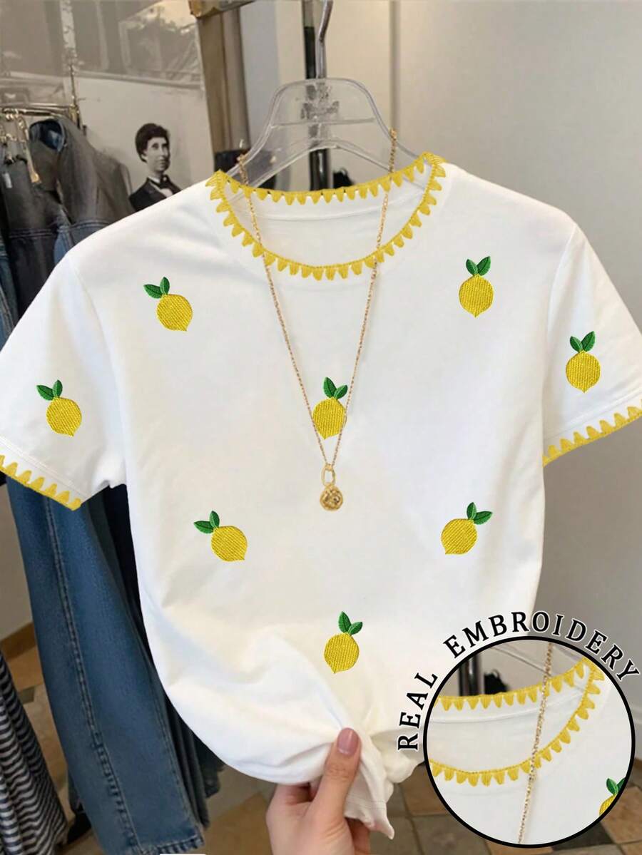 Resyla 大码女式柠檬刺绣圆领短袖休闲T恤 - 白色 - 查看 1