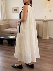DAZY Contrast Color Patchwork Tie Sash Collar Loose Chiffon Dress, Sleeveless, Elegant Maternity Dress For Spring & Summer Sun Dresses For Women - White - View 2