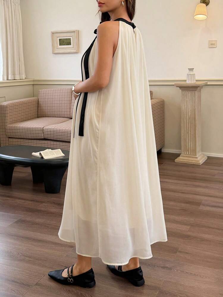 Contrast Color Patchwork Tie Sash Collar Loose Chiffon Dress, Sleeveless, Elegant Maternity Dress For Spring & Summer