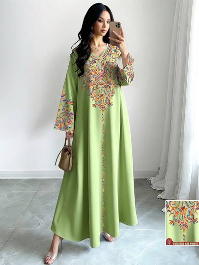 SHEIN Najma Colorful Vine Pattern Digital Print Women's Long Dress, V-Neck Long Sleeve Maxi Dress, Pattern Light Green Long Dress, Spring/Summer