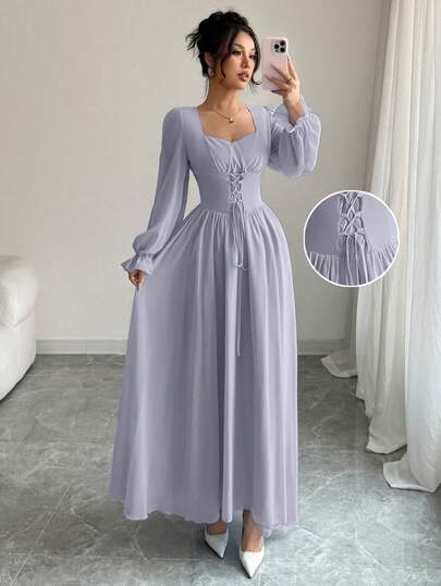 Modelyn Đầm kiểu Pháp cao cấp màu trơn, thắt eo.