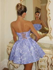 Glamine Charm Elegant Light Blue Floral Summer Party Dress, 3D Embossed Pattern Strapless Sleeveless Dress Women,Cocktail Wedding Guest Reception Outfit - Blue - View 2