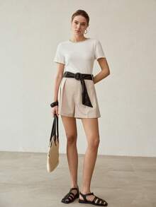 MOTF PREMIUM WOMEN'S SUMMER SOLID COLOR HIGH WAIST PLEATED LOOSE SHORTS - Khaki - View 7