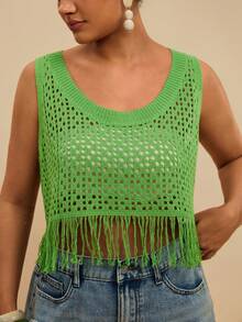 Levarali Brown Sommar Boho Vacation Women's Vintage Hollow Out Knitted Vest Cover Up,Loose Fit Sleeveless Crochet Fringe Top For Tropical Beach Gym Island - Olive Green - View 7