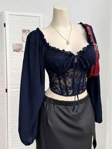 Comfortcana Plus Size Women's Lantern Sleeve Lace Patchwork Square Collar Padded Shoulder Blouse, Romantic Date Party Essential, Navy Blue - Navy Blue - View 4