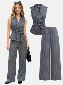 SHEIN Girlism Bộ đồ 2 mảnh dành cho nữ tuổi teen, áo blazer không tay cổ ve màu xám đậm kẻ sọc và quần dài, thích hợp cho các dịp trang trọng mùa hè, thanh lịch, tiệc tùng, hẹn hò, họp mặt gia đình quan trọng. - Màu xám đen - Xem 3