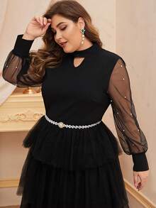 Modelyn Plus Keyhole Neck Pearls Beaded Layered Mesh Hem Dress Without Belt - Black - View 6