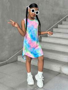 SHEIN 少女休闲街头风时尚扎染印花圆领短款后长款连衣裙 - 彩色 - 查看 1