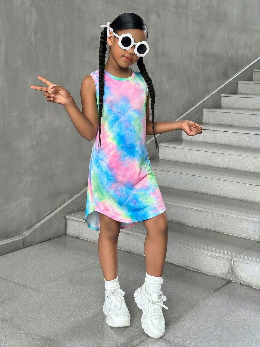 SHEIN 少女休闲街头风时尚扎染印花圆领短款后长款连衣裙 - 彩色 - 查看 1