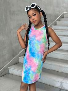 SHEIN 少女休闲街头风时尚扎染印花圆领短款后长款连衣裙 - 彩色 - 查看 6