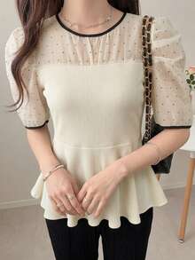 FRIFUL Women's Contrast Color Patchwork Sheer Lace Slim Fit T-Shirt, Versatile For Spring & Summer - Beige - View 5