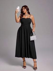 Viva Relle Vestido largo de tirantes con pliegues en estilo minimalista elegante de color negro sólido para mujer de talla grande - Negro - Ver 1