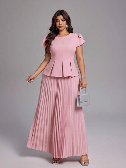 Viva Relle Plus Size Women's Summer Solid Pink Round Neck Petal Sleeve Pullover Shirt And Elastic Waist A-Line Skirt 2 Piece Set