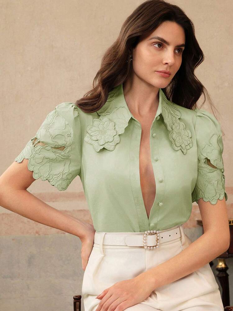Women's Embroidered Lace Short Sleeve Blouse, Elegant Hollow-Out Floral Design
