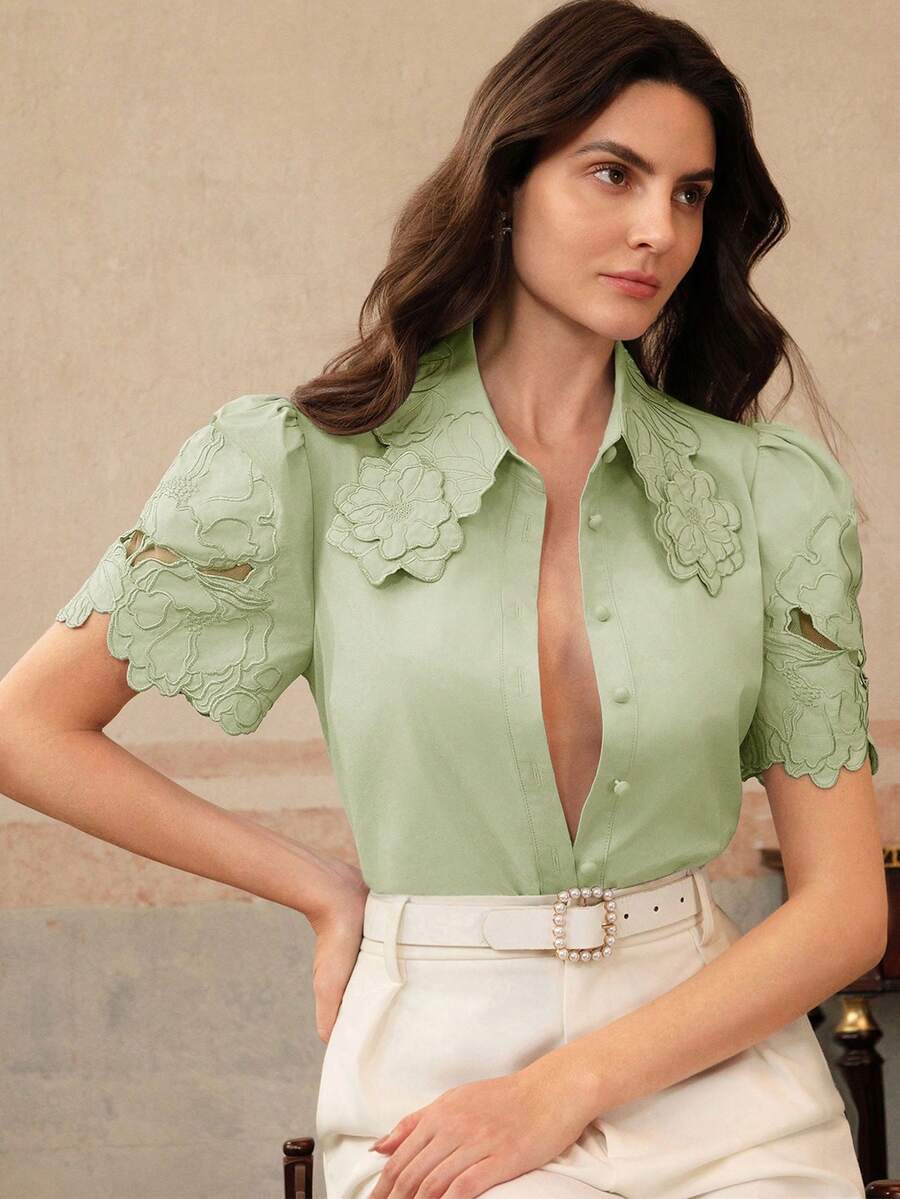 Anewsta Women's Embroidered Lace Short Sleeve Blouse, Elegant Hollow-Out Floral Design - Green - View 1