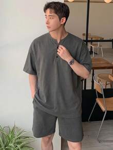 DAZY 男士短袖衬衫和短裤两件套，半开领，纯色，夏季 - 深灰色 - 查看 2
