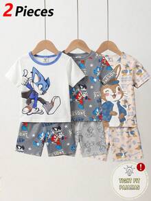 Top elegant Young Boy, alb, cu guler rotund și mânecă scurtă, cu imprimeu de vulpi albastre, asortat cu pantaloni scurți gri, material tricotat, pijamale confortabile, croială strânsă, din două piese - alb - Vizualizare 5