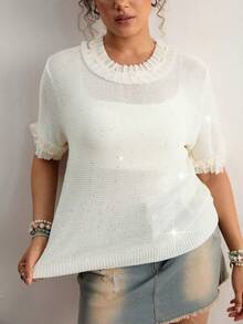 Freevana Plus Size Women's Elegant Romantic Style | Cream Pearl Embellished Ruffle Trim Short Sleeve Knit Top - Sparkly Sequin Sheer Loose Pullover Sweater - Beige - View 7
