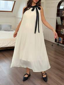DAZY Contrast Color Patchwork Tie Sash Collar Loose Chiffon Dress, Sleeveless, Elegant Maternity Dress For Spring & Summer Sun Dresses For Women - White - View 5