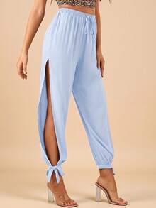 Travachic Split Thigh Knot Hem Solid Pants Spring Summer Clothing - Baby Blue - View 4