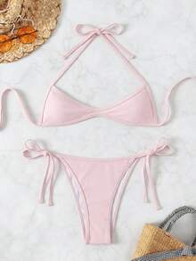 Swim SXY Women's Solid Color Swimsuit Set For Vacation & Beach - Baby Pink - View 3