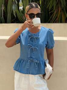 DAZY Casual Sexy Vacation Style Bow Tie Strap Women Denim Top Spring Summer Swimming Pastal - Blue - View 7