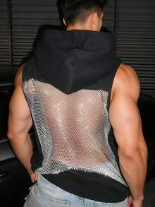 ZURIURI 男士性感街頭風 Techno 時尚休閒通勤夜店 Rave 網布拼接水鑽無袖連帽背心，夏季黑色 - 黑色 - 查看 3