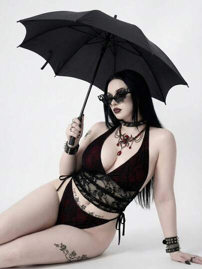 ROMWE Goth Bộ đồ bơi cỡ lớn dành cho nữ, gồm áo tankini buộc dây cổ và quần tam giác, phối ren, thích hợp cho kỳ nghỉ hè.