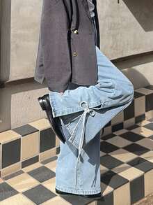 FRIFUL Jeans anchos de pierna ancha con dobladillo dividido y anudado, de uso casual y para ir al trabajo - Azul - Ver 7