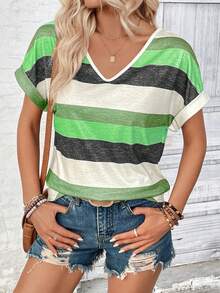 EMERY ROSE Color Block Striped Batwing Sleeve Casual Basic T-Shirt Graphic Tees Women Tops Golf White Summer - Multicolor - View 4