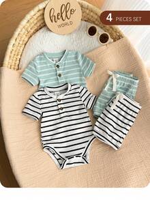 4pcs/Set Newborn Baby Boy/Girl Cute Striped Blue Short Sleeve Bodysuit & Shorts 4-Piece Outfit, Suitable For Home & Outdoor, Summer - Multicolor - View 3