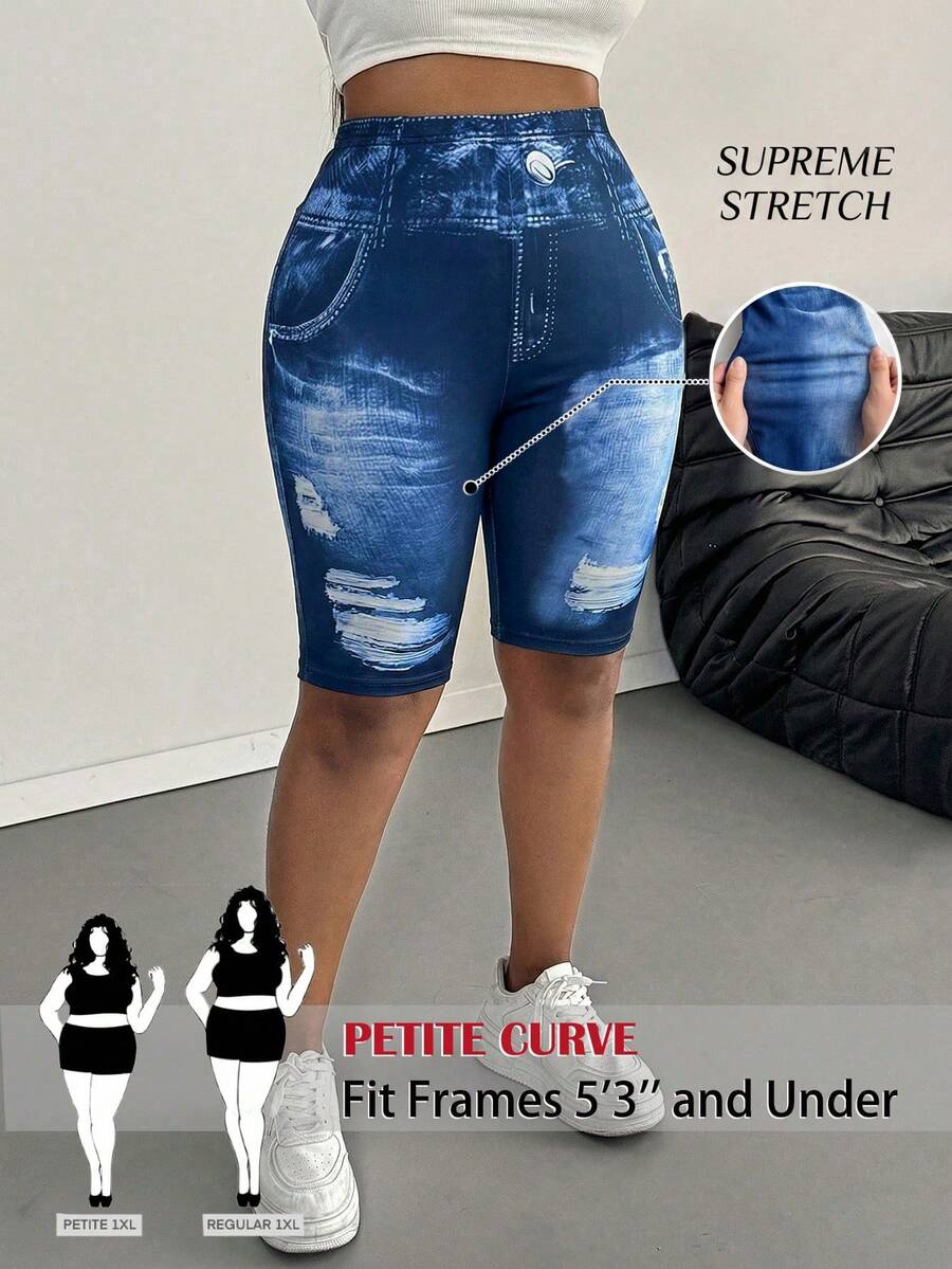 SHEIN PETITE CURVE Quần legging nữ cỡ lớn màu trơn, kiểu dáng thường ngày, thích hợp cho mùa hè. - Xanh và trắng - Xem 1