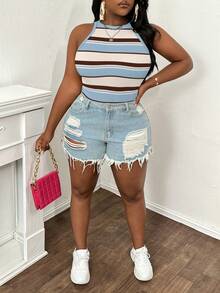 Slaydiva Áo tank top nữ cỡ lớn kẻ sọc phối màu tối giản, thời trang, thích hợp cho mùa hè. - Nhiều màu - Xem 5