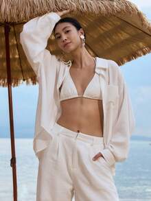 DAZY Relaxed Loose Long Sleeve Shirt And Wide Leg Pants 2 Pieces Set For Women Lounge Sets For Women - White - View 2