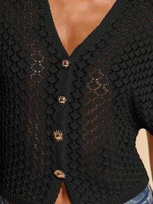 Travachic Women's Fashion Versatile Vacation Crochet Metallic Button Decor Knit Top - Black - View 8