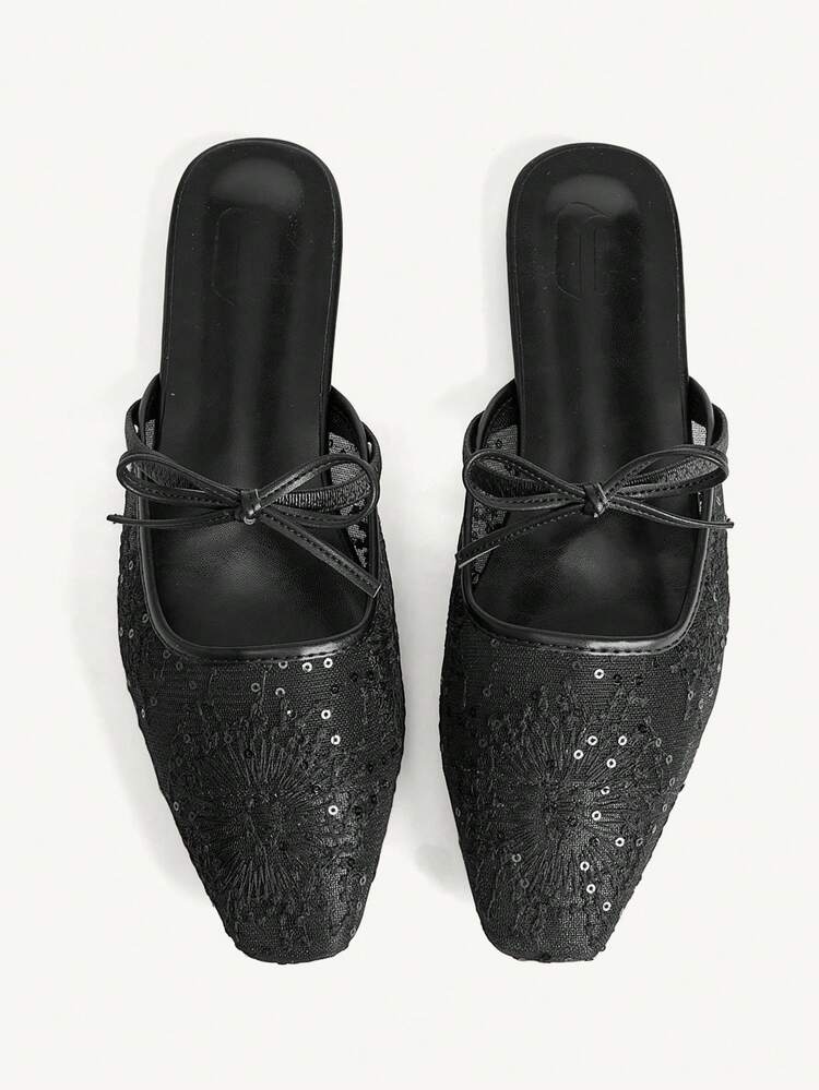 CUCCOO CHICEST Women Shoes Small Square Head Flat Bottom Black Lace Mesh Bow Breathable Women's Flat Back Empty Single Shoes Muller Shoes Light, Comfortable And Simple Commuting Daily Versatile Elegant Women's Flat Shoes