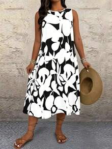 SHEIN Clasi Plus Size Floral Print Sleeveless Casual Dress - White - View 5