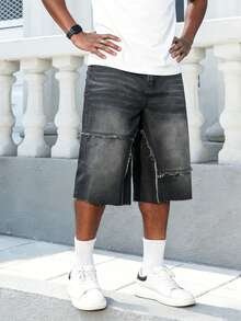 Manfinity Roghcode Men Plus Size American Streetwear Patchwork Frayed Hem Wide Leg Denim Shorts - Black - View 4