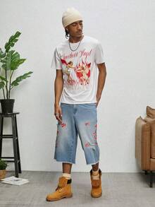 GALLERY FADE Men's Summer Washed Floral Embroidery Distressed Frayed Hem Loose Denim Bermuda Shorts - Blue - View 8