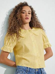WESTFADE 100% Cotton Ruffle Collar Short Puff Sleeve Button Up Shirt Casual Cute Top, Spring, Summer, Casual, Cute, Boho, Nashville, Vacation, Beach, Rodeo, Country Concert Outfit, Nashville - Light Yellow - View 4
